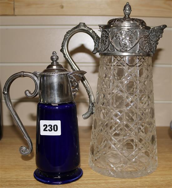 A late Victorian plate mounted cut glass claret jug and another jug